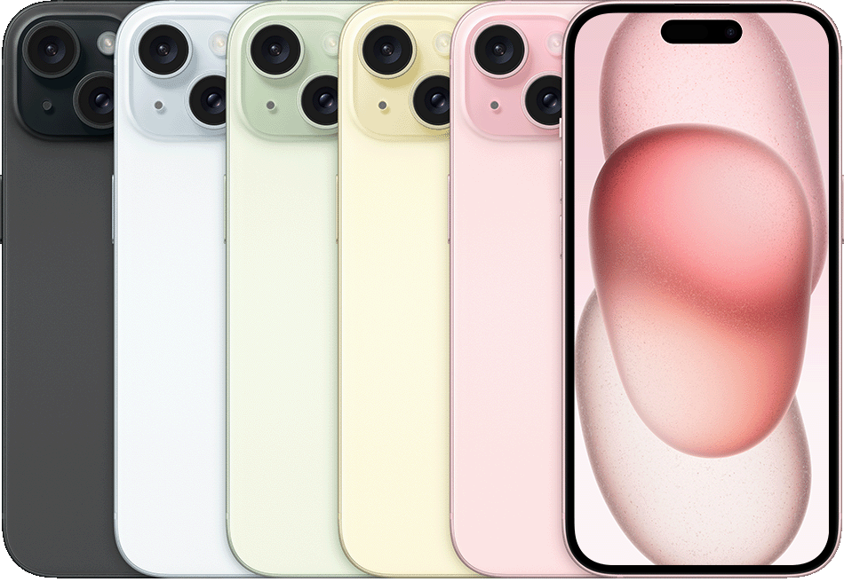 iPhone 15 front and back views in multiple colors